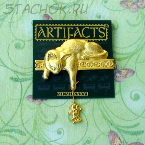 Брошь "Кошка и сердитая мышь" под золото