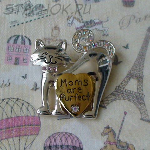 Брошь "Кошки-мамочки" под серебро, золото, стразы