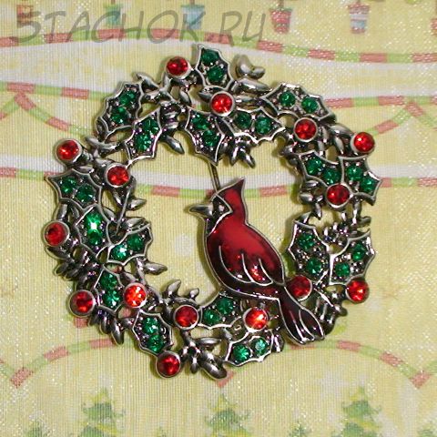 Брошь "Кардинал" под серебро, эмаль, стразы