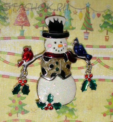 Брошь "Снеговик и птички" под сер./эмаль/стразы