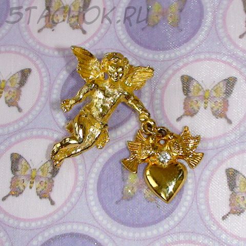 Брошь "Ангел с сердечком и с голубками" под золото, стразы