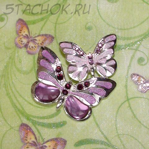 Брошь "Бабочки в сиреневых тонах" под серебро, эмаль, стразы