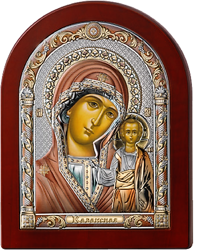 Серебряная икона Богоматерь Казанская (Италия, цветной лак, повышенное качество!)