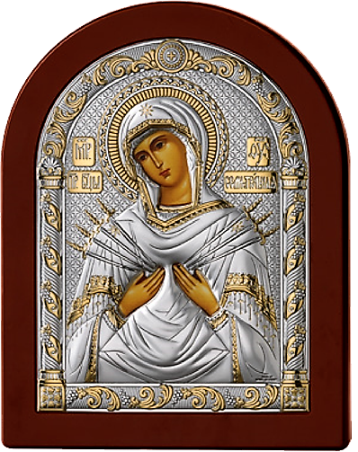 Серебряная икона Богоматерь Семистрельная (Италия, прозрачный лак, повышенное качество!)