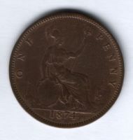 1 пенни 1874 г. H Великобритания, XF-, редкий год