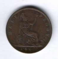 1/2 пенни 1862 г. XF+ Великобритания