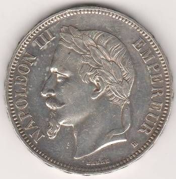 5 франков 1870 г. Франция Редкий год.Состояние XF.
