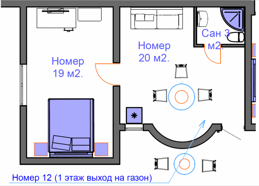 Апартамент двухкомнатный на троих - четырех человек. на 1 этаже.