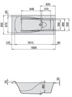 Ванна встраиваемая Hoesch MODULA  арт: 6624 180x80 слив расположен справа схема 2