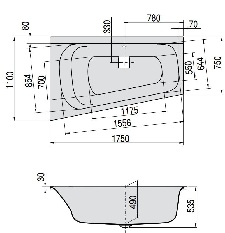 Ванна с левым и правым исполнением Hoesch THASOS 3747 / 3746 175x110 схема 1