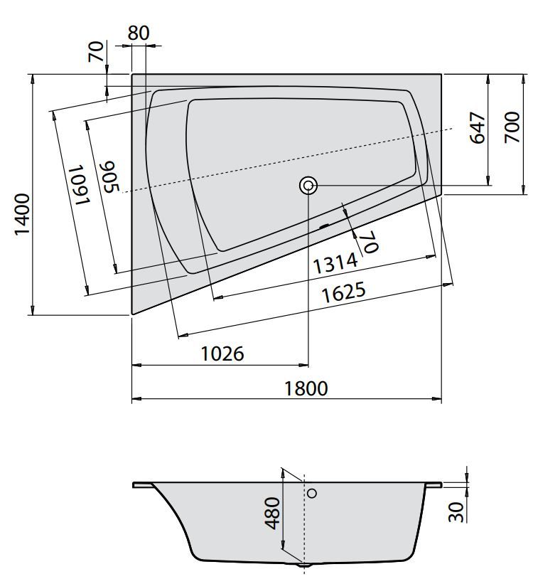 Ванна Hoesch LARGO 180x140 3705 Левостороннее исполнение схема 2
