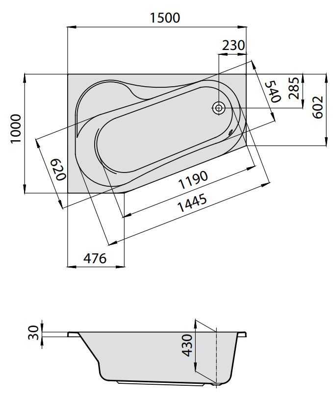 Ванна Hoesch PARANA 150x100 5564 / 5565 Левостороннее исполнение схема 1