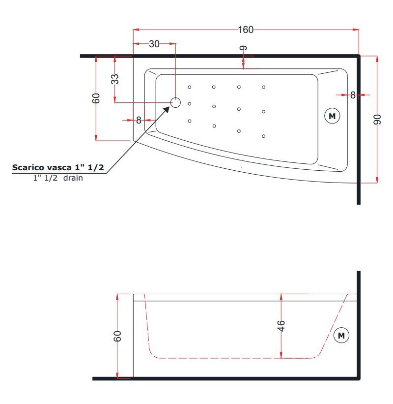 Гидромассажная акриловая ванна Gruppo Treesse Asyx 160x90 V826 схема 2