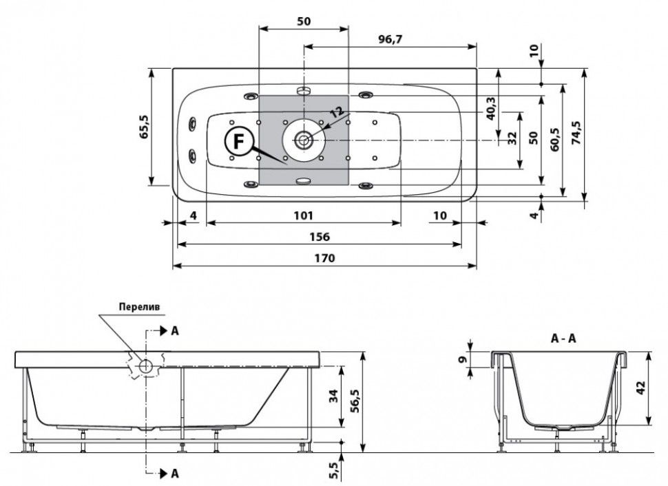 Гидромассажная ванна Gruppo Treesse Suri 170x75 V277 схема 2