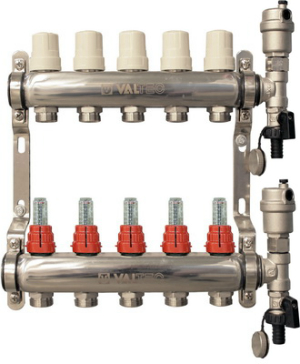 КОЛЛЕКТОРНЫЙ БЛОК ИЗ НЕРЖАВЕЮЩЕЙ СТАЛИ СО ВСТРОЕННЫМИ РАСХОДОМЕРАМИ VTc.589.EMNX.0604 Коллекторная группа НЕРЖ VALTEC со встр. расх. в сборе, 1"х4 вых. Евроконус 3/4" 4-вых,