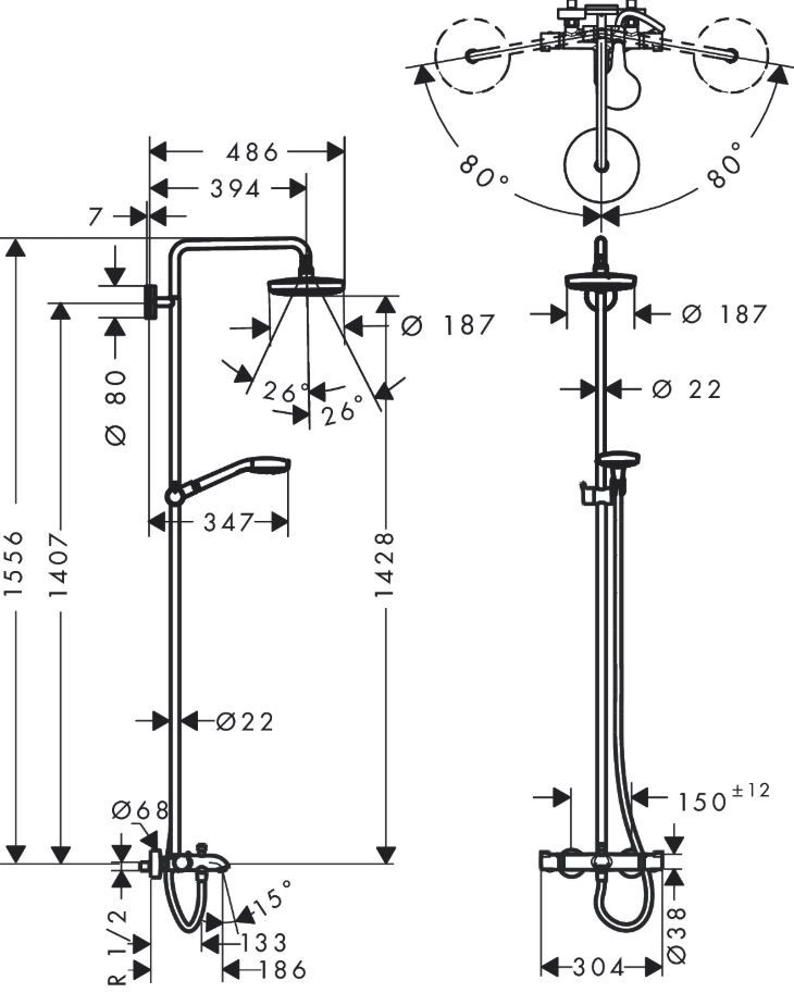 Душевая стойка с изливом Hansgrohe Croma Select S Showerpipe 180 2jet 27351400 схема 2