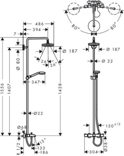 Душевая стойка с изливом Hansgrohe Croma Select S Showerpipe 180 2jet 27351400 ФОТО