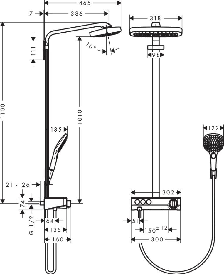 Душевая колонна с верхним душем Hansgrohe Raindance Select E Showerpipe 300 3jet 27127 схема 4