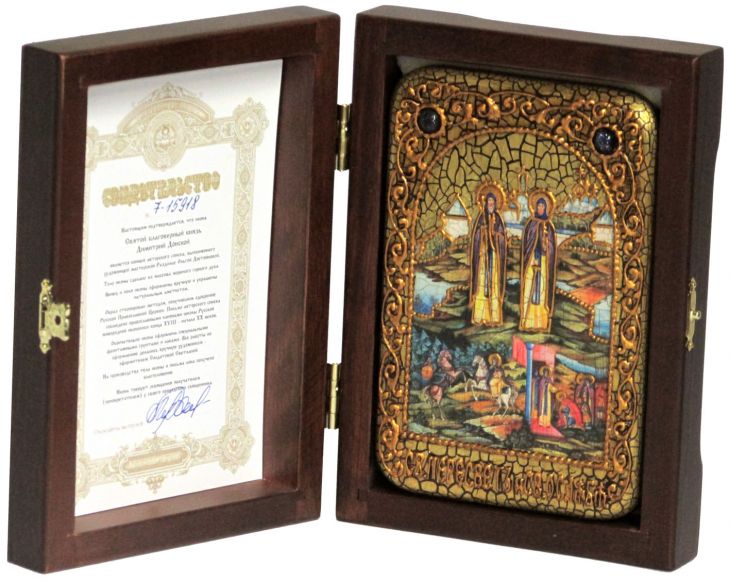 Настольная икона "Святые преподобные Александр (Пересвет) и Андрей (Ослябя) Радонежские" на мореном дубе