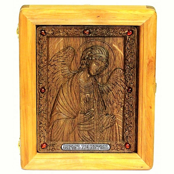 Резная икона в подарок отцу или сыну Ангела-Хранителя (18*23 см, Россия) на натуральном мореном дубе, инкрустированная янтарем