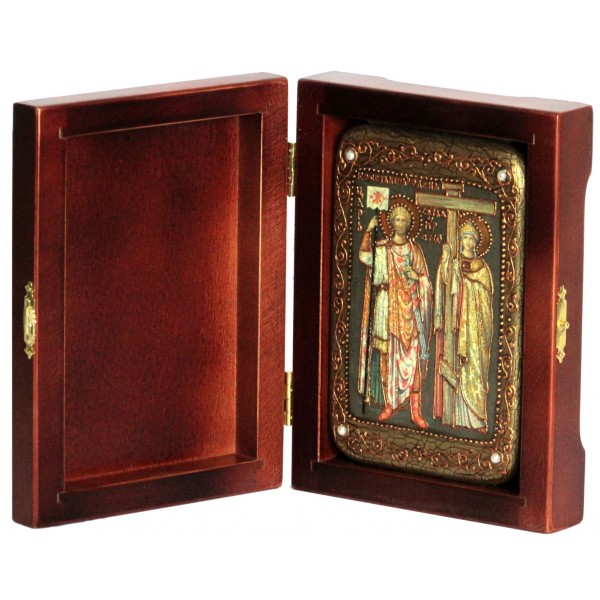Инкрустированная настольная икона Святые равноапостольные Константин и Елена (10*15 см, Россия) на натуральном мореном дубе, в подарочной коробке