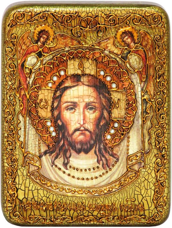 Инкрустированная подарочная икона Спас Нерукотворный (15*20 см, Россия) на натуральном мореном дубе в подарочной коробке