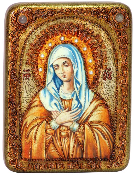 Инкрустированная подарочная икона Образ Божией Матери Умиление Серафимо-Дивеевская (15*20 см, Россия) на натуральном мореном дубе в подарочной коробке