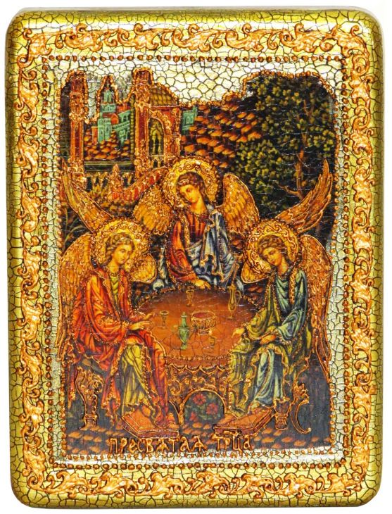 Инкрустированная подарочная икона Троица (15*20 см, Россия) на натуральном мореном дубе в подарочной коробке