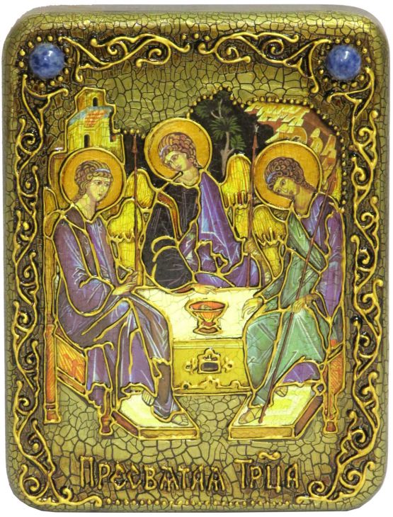 Инкрустированная подарочная икона Троица (15*20 см, Россия) на натуральном мореном дубе в подарочной коробке