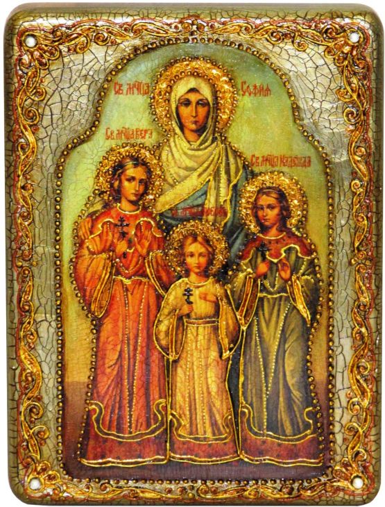 Инкрустированная подарочная икона Вера, Надежда, Любовь и мать их София (15*20 см, Россия) на натуральном мореном дубе в подарочной коробке