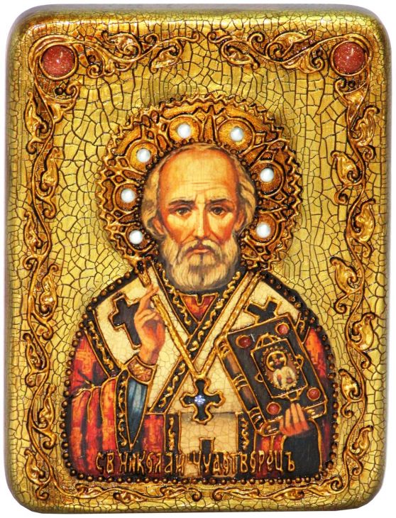 Инкрустированная подарочная икона Святитель Николай, архиепископ Мир Ликийский (Мирликийский), чудотворец (15*20 см, Россия) на мореном дубе в подарочной коробке