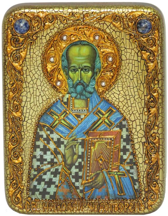 Инкрустированная подарочная икона Святитель Николай, архиепископ Мир Ликийский (Мирликийский) (15*20 см, Россия) на натуральном мореном дубе в подарочной коробке Инкрустированная подарочная икона Святитель Николай, архиепископ Мир Ликийский (Мирликийский) (15*20 см, Россия) на натуральном мореном дубе в подарочной коробке