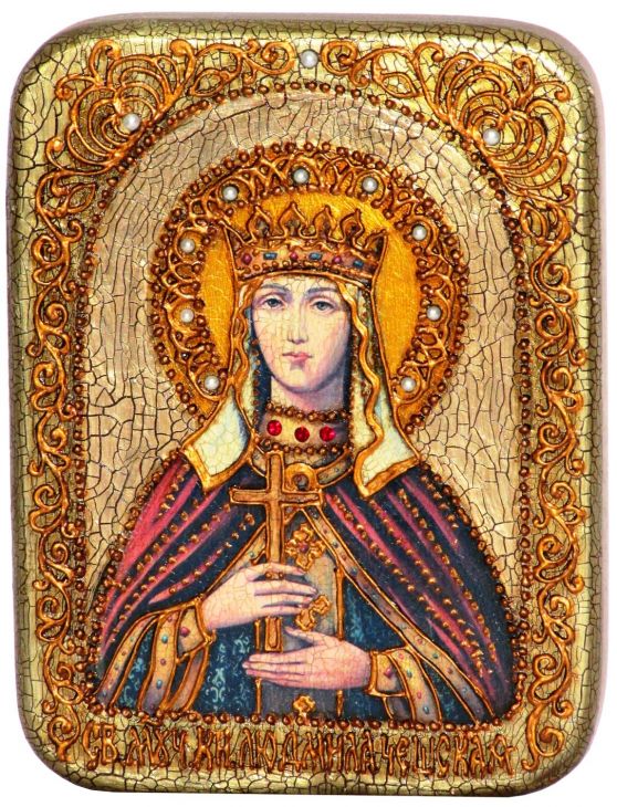 Инкрустированная подарочная икона Святая Мученица Людмила Чешская (15*20 см, Россия) на натуральном мореном дубе в подарочной коробке