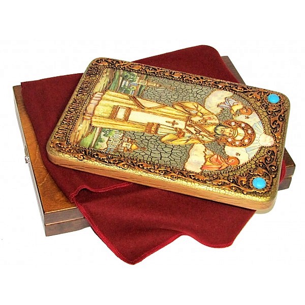 Инкрустированная настольная икона Святитель Тихон Задонский (21*29 см, Россия) на натуральном мореном дубе, в подарочной коробке