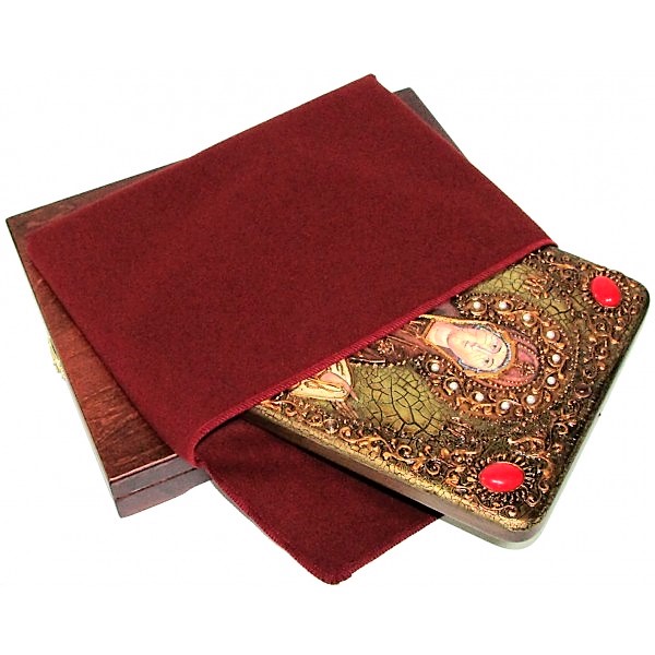 Инкрустированная рукописная икона Образ Божией Матери «Покров» (21*29 см, Россия) на натуральном мореном дубе, в подарочной коробке