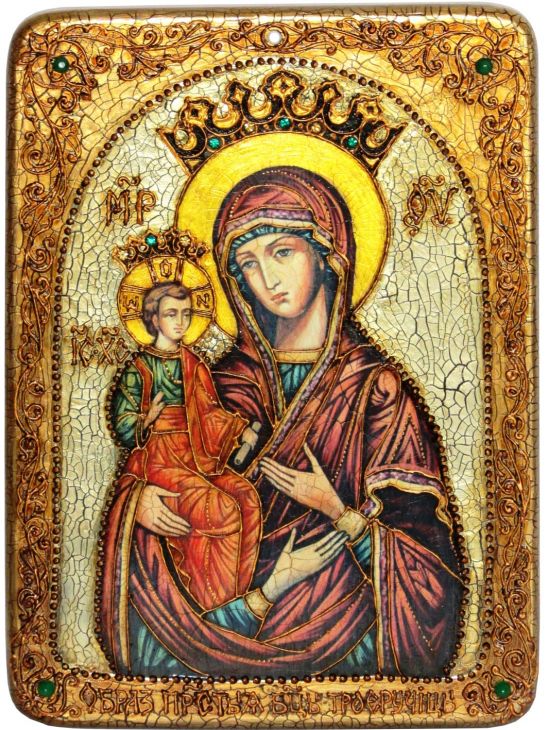 Инкрустированная аналойная икона Образ Божией Матери Троеручица (21*29 см, Россия) на натуральном мореном дубе в подарочной коробке