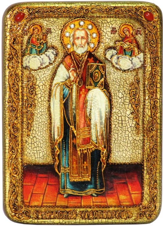 Инкрустированная аналойная икона Святитель Николай, архиепископ Мир Ликийский (Мирликийский), чудотворец (21*29 см, Россия) на натуральном мореном дубе в подарочной коробке