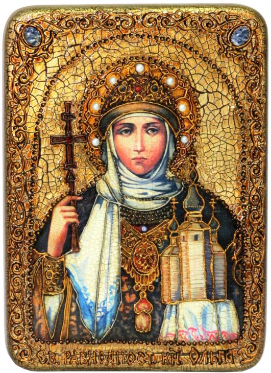 Инкрустированная аналойная икона Святая Равноапостольная княгиня Ольга (21*29 см, Россия) на натуральном мореном дубе в подарочной коробке