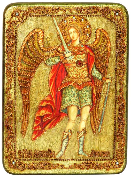 Инкрустированная аналойная икона Архангел Михаил (21*29 см, Россия) на натуральном мореном дубе в подарочной коробке