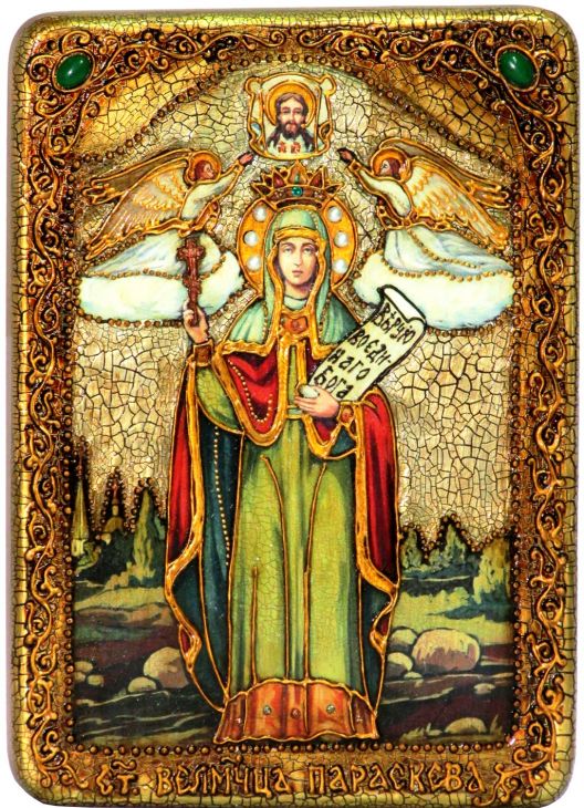 Инкрустированная аналойная икона Святая мученица Параскева Пятница (21*29 см, Россия) на натуральном мореном дубе в подарочной коробке
