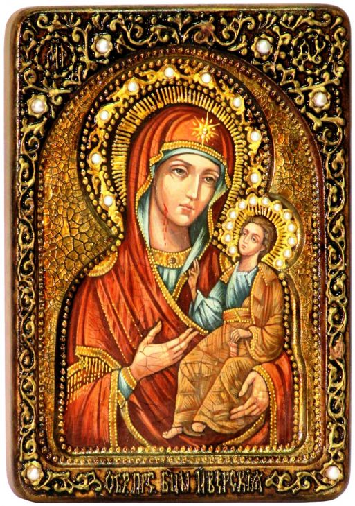 Инкрустированная Живописная икона Образ Божией Матери Иверская (21*29 см, Россия) на натуральном кипарисе в подарочной коробке