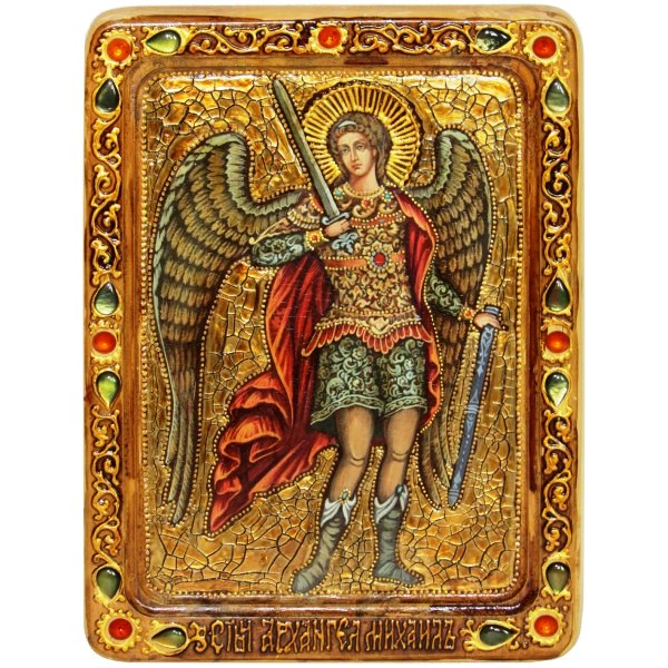 Инкрустированная Живописная икона Архангел Михаил (21*29 см, Россия) на натуральном кипарисе в подарочной коробке