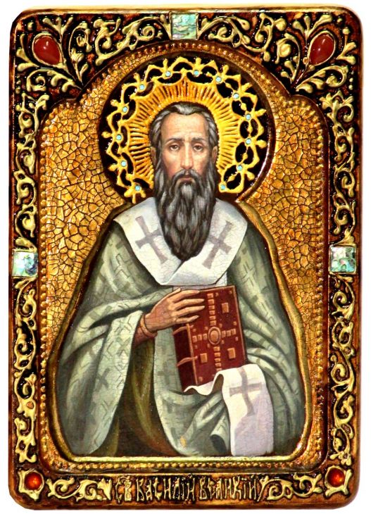 Инкрустированная Живописная икона Святитель Василий Великий (21*29 см, Россия) на натуральном кипарисе в подарочной коробке