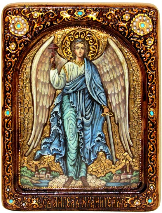 Инкрустированная Живописная икона Ангел Хранитель (21*29 см, Россия) на натуральном кипарисе в подарочной коробке