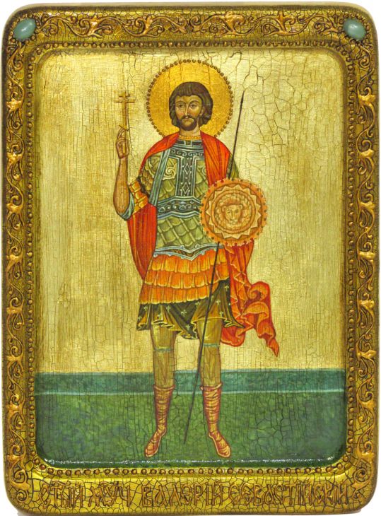 Инкрустированная живописная икона Святой мученик Валерий Севастийский (21*29 см, Россия) на натуральном кипарисе в подарочной коробке