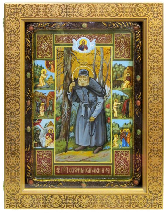 Инкрустированная живописная икона Преподобный Серафим Саровский чудотворец (29*42 см, Россия) на натуральном кипарисе в подарочной коробке