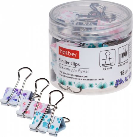 Зажимы для бумаг Hatber 25мм с печатью Flores 18 штук в пластиковой тубе