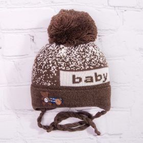 РБ Шапка вязаная с бубоном, на завязках, сбоку нашивка, baby, коричневый 7179