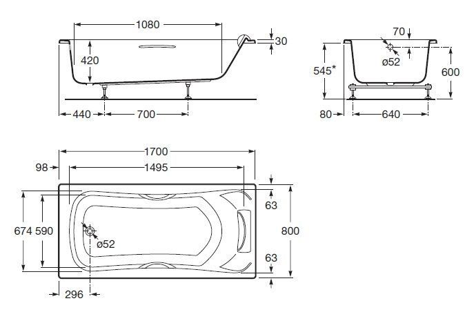 Ванна акриловая Roca BeCool ZRU9302852 170x80 схема 2