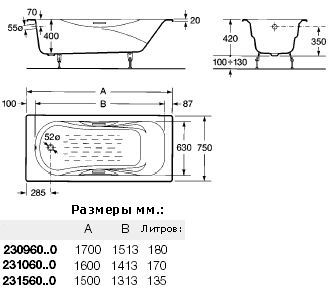 Чугунная ванна Roca Malibu 2310G000R схема 4